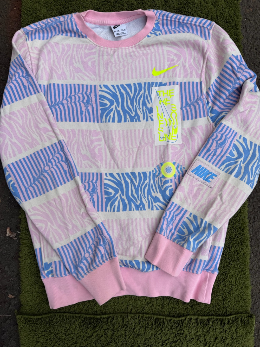 Nike Pink, Blue & Neon Yellow Patterned Long Sleeve Sweatshirt